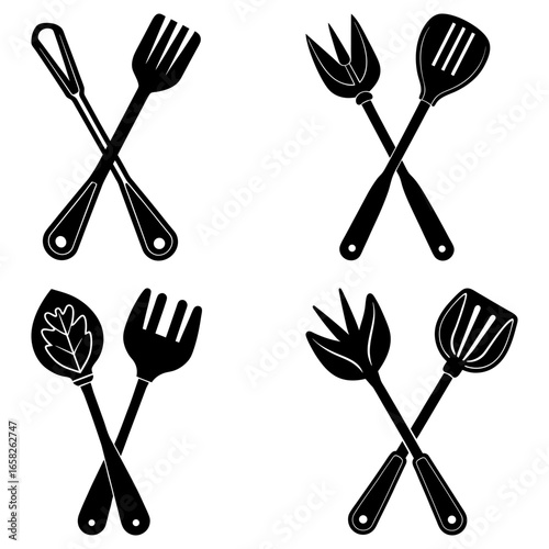 Illustration of crossed kitchen utensils including forks and spatulas in a black and white design