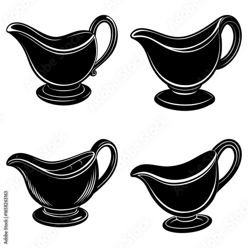 Illustration of four black gravy boats with handles and spouts on a white background in vector format