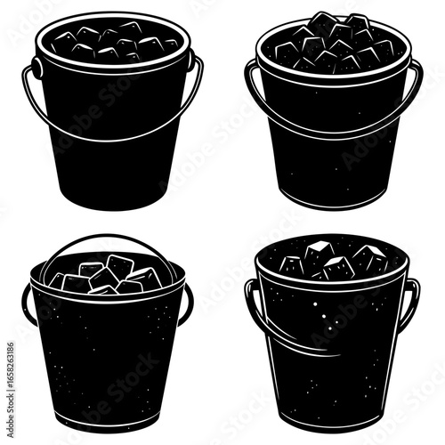 Four black buckets filled with ice cubes in a monochrome vector illustration style art design view