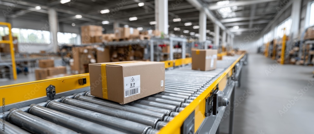 Efficient parcel delivery process clean warehouse with roller conveyor system high-detail logistics environment Efficient parcel delivery process clean warehouse with roller conveyor system high-detail logistics environment