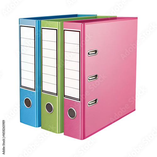 Three colorful ring binders in blue green and pink standing upright isolated on transparent background