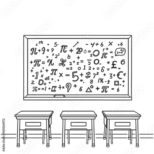 An empty classroom interior with a blackboard and chairs arranged at desks
