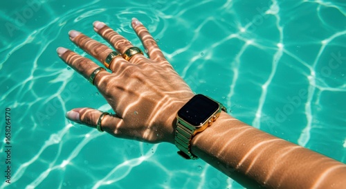 Woman's hand with rings and smartwatch submerged in turquoise pool water.