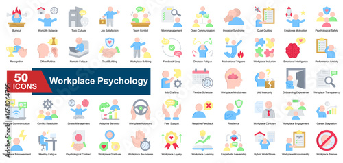 Workplace Psychology icon set. Containing burnout, emotional intelligence, conflict resolution, feedback loop, team conflict, impostor syndrome, quiet quitting, stress, trust, and work-life balance ic