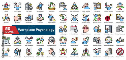 Workplace Psychology icon set. Containing burnout, emotional intelligence, conflict resolution, feedback loop, team conflict, impostor syndrome, quiet quitting, stress, trust, and work-life balance ic