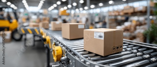 Efficient parcel delivery in a modern warehouse with roller conveyor system for fast logistics