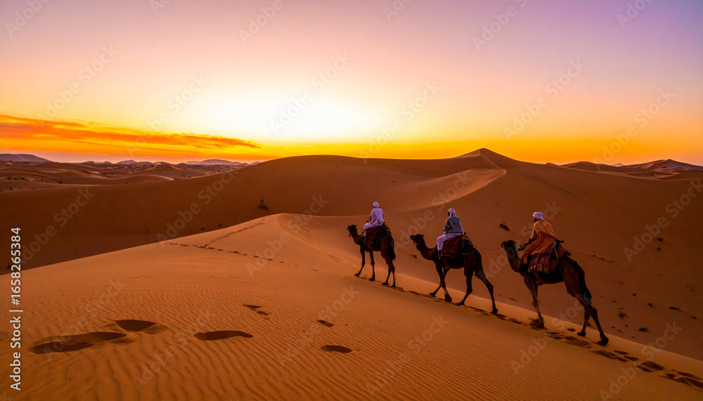 Fototapeta premium Desert nomads trek through vast dunes under warm orange sky, embodying resilience and tranquility