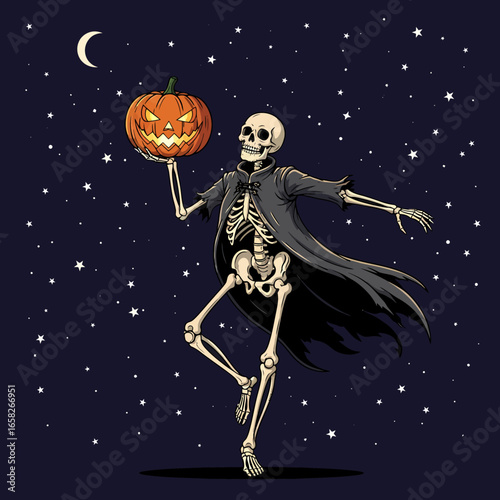 A dancing skeleton in a dark cloak holds a carved jack-o'-lantern pumpkin under a starry night sky.