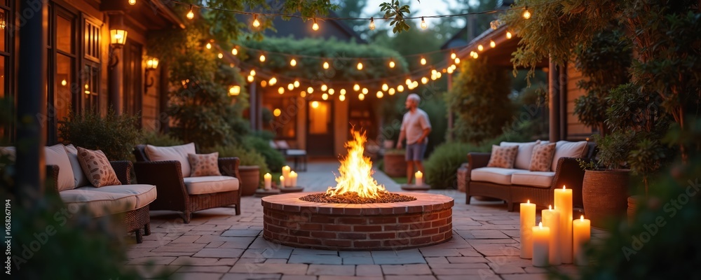 Obraz premium Warm summer evening patio scene with brick fire pit ablaze, surrounded by comfortable seating, glowing string lights overhead. Tall pillar candles add soft, ambient light, creating peaceful, inviting
