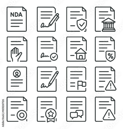Linear document icon set featuring nda, signature, security, bank, and alert symbols
