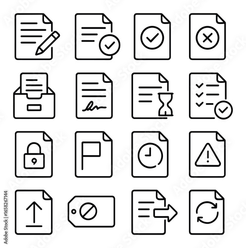 Linear document icon set featuring checklists, contracts, folders, tags, locks, and alerts