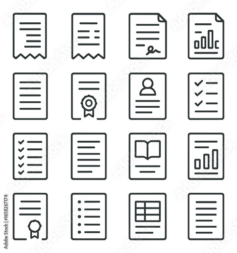 Linear document icon set featuring report, checklist, certificate, profile, and chart symbols