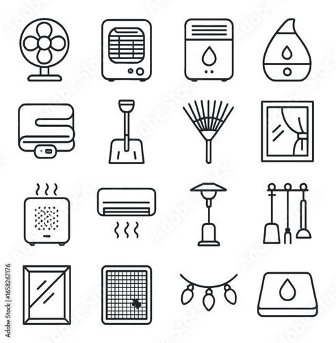 Linear home appliance icon set featuring fan, heater, dehumidifier, humidifier, vacuum, shovel, rake, window, air conditioner