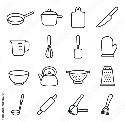 Linear kitchen icon set featuring frying pan, pot, cutting board, knife, measuring cup, whisk, and more