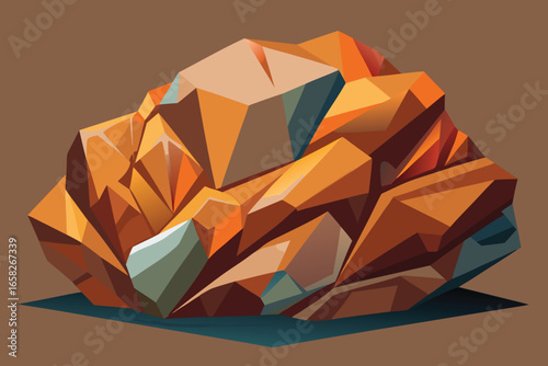 Abstract geometric illustration of an orange and brown polygonal crystal formation on a neutral background