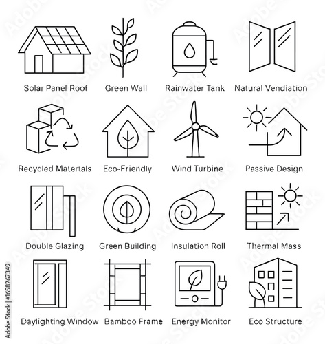 Linear eco-friendly icon set featuring solar panel, green wall, rainwater tank, ventilation, and wind turbine