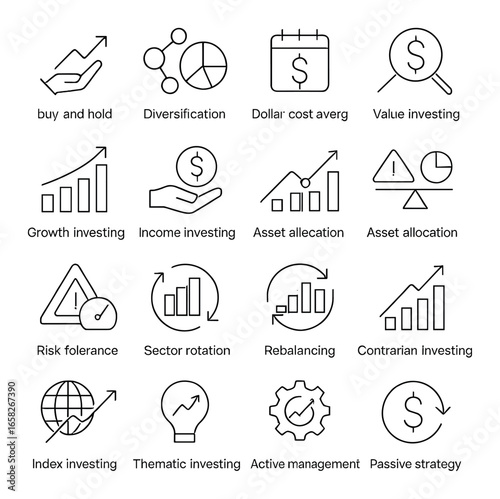 Linear finance icon set featuring buy and hold, diversification, value investing, and income investing symbols