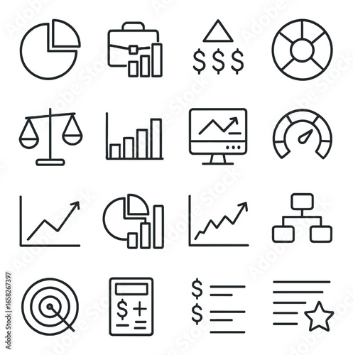 Linear business icons set featuring pie chart, briefcase, growth, balance, statistics, and target symbols