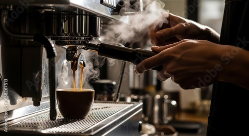 Barista pulling rich golden espresso shot from commercial machine, steam rising, dramatic side lighting, blurred café counter and bar tools, cinematic coffee photography