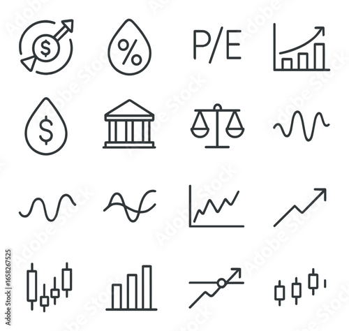 Linear finance icon set featuring currency, percentage, stock, graph, bank, and balance symbols