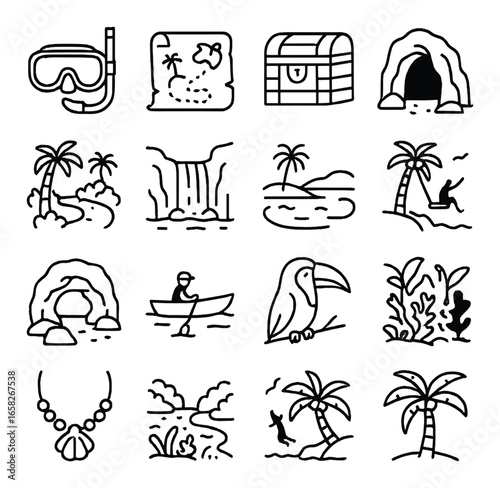Linear beach adventure icon set featuring snorkel, map, treasure chest, cave, waterfall, lake, canoe, and palm tree