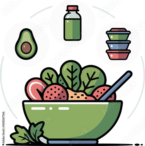 Colorful Healthy Food Illustration with Salad Avocado and Dressing for Wellness and Balanced Diet Promotion