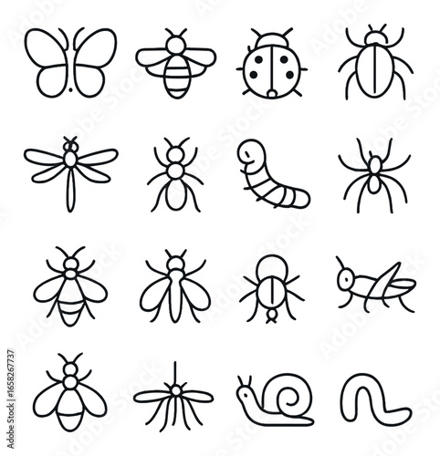 Linear insect icon set featuring butterfly, ladybug, beetle, ant, caterpillar, wasp, and dragonfly designs