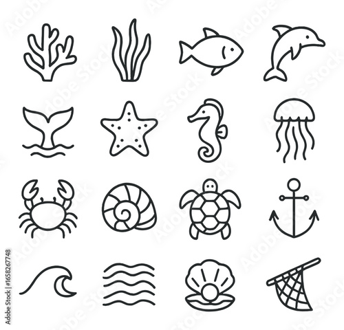 Linear nautical icon set featuring coral, seaweed, fish, dolphin, whale, starfish, seahorse, jellyfish, crab, shell