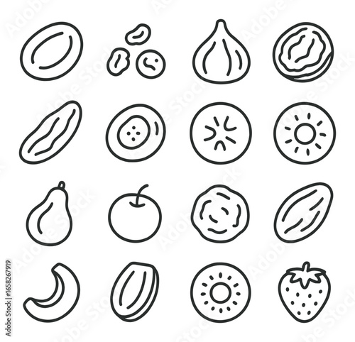 Linear fruit icon set featuring apricot, raisin, fig, walnut, kumquat, gooseberry, pear, cherry