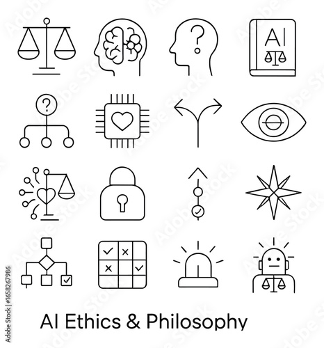 Linear ai ethics and philosophy icons set: scales, brain, question mark, ai, lock, robot, compass, circuit