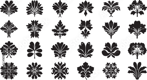 Collection of ornamental floral and leaf motifs in black and white