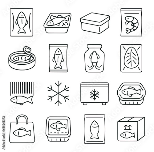 Linear seafood icons set featuring fish, sushi, shrimp, can, packaging, frozen, and barcode symbols