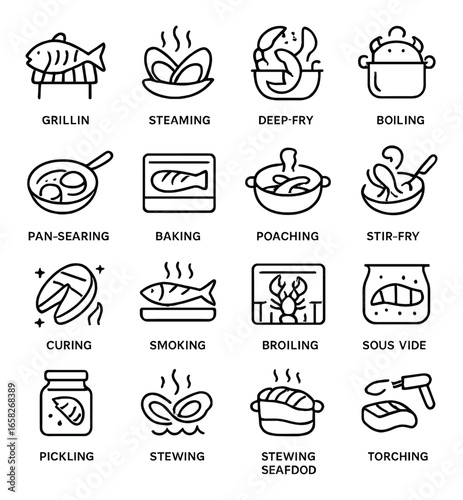 Linear cooking method icon set featuring grilling, steaming, deep-fry, boiling, pan-searing, and more