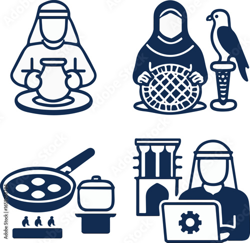 Middle Eastern Cultural & Tech Icons – Flat Vector Set of Emirati Crafts and Modern Roles.
UAE Heritage & Innovation Symbols – Editorial Vector Icons of Tradition and Technology

