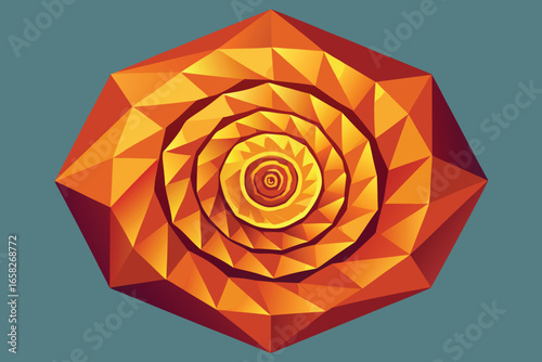 Abstract geometric spiral illusion displaying orange and yellow triangles on a teal background