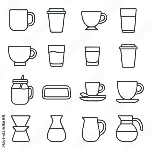 Linear coffee icons set featuring mug, cup, glass, jar, saucer, and carafe symbols