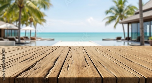 Weathered teak wood table with blurred tropical resort terrace background, photorealistic wood texture lifestyle photography for travel branding
