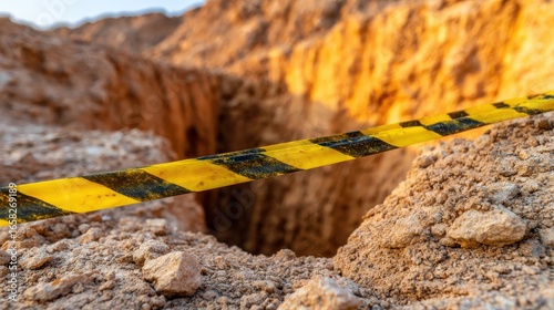 Construction site danger zone with warning tape and excavated earth