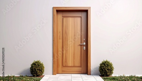A minimalist front door with smooth surface and vertical handle isolated on a plain background
