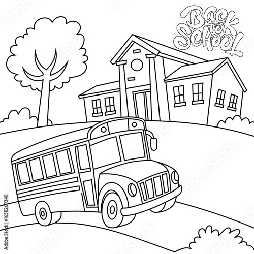 Simple line art design showing a school bus arriving at school with text “Back to School.