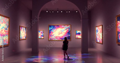 Woman admiring vibrant art in modern gallery space