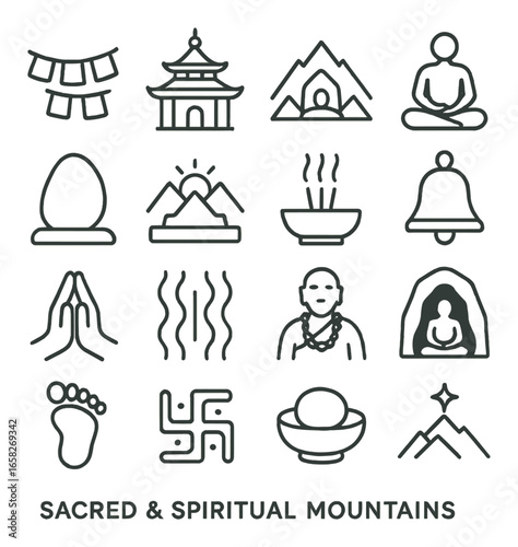 Linear sacred mountain icon set featuring meditation, pagoda, bell, prayer, and buddha symbols