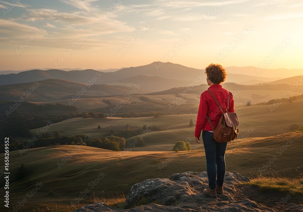 Obraz premium Person in red jacket overlooking vast mountain valley landscape during golden sunset with rolling hills and dramatic atmospheric lighting.