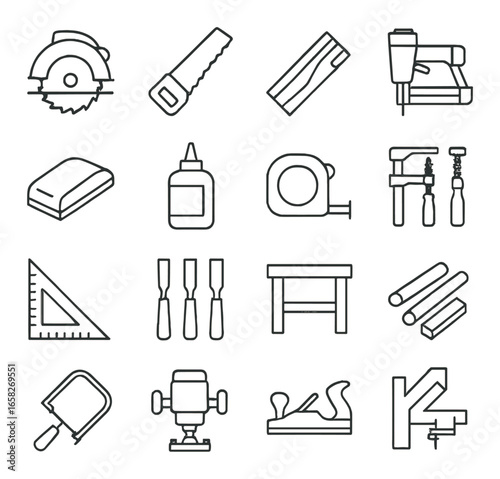 Linear woodworking icon set featuring saw blade, hand saw, chisel, glue, drill, and tape measure symbols