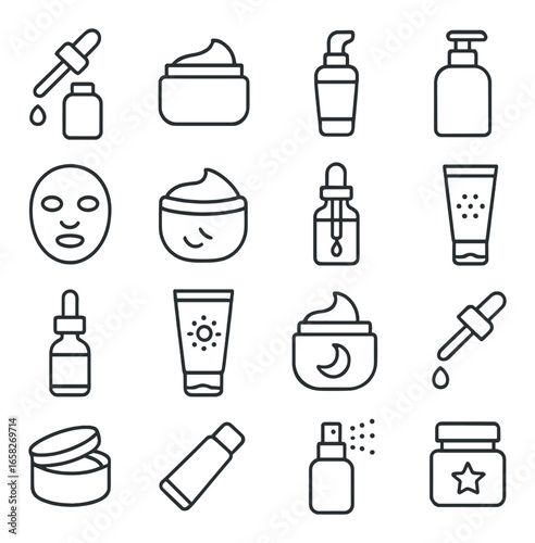 Linear skincare icon set featuring serum, moisturizer, mask, pump bottle, and cream tube symbols