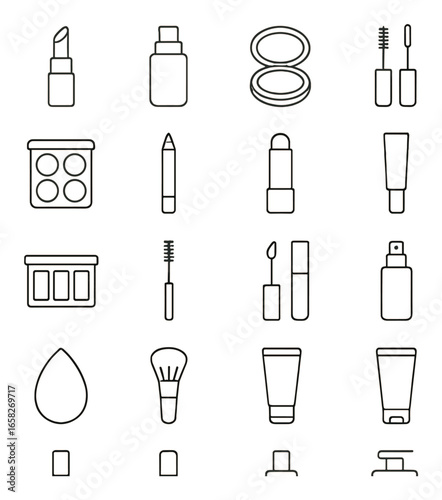 Linear beauty icon set featuring lipstick, lotion, compact, mascara, palette, eye pencil, cream, brush, and spray symbols
