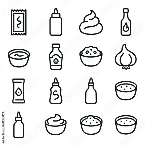 Linear condiment icon set featuring ketchup, mustard, sauce, salt, pepper, oil, onion, and spice symbols