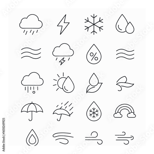 Linear weather icons set featuring rain, lightning, snow, humidity, wind, storm, sun, umbrella, and rainbow symbols