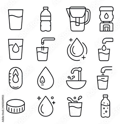Linear water icon set featuring glass, bottle, pitcher, cooler, drinking, purified, and faucet symbols