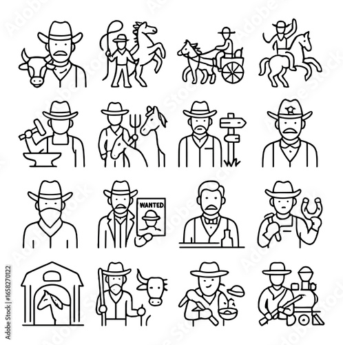 Linear wild west icons set featuring cowboy, horseshoe, sheriff, horses, lasso, wanted poster, and ranch symbols